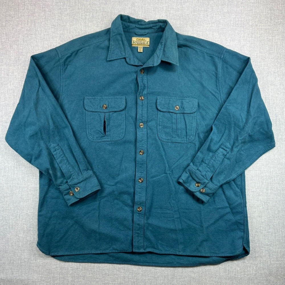 VTG‎ Cabelas Deerskin Soft Chamois Button Shirt Men XXL Teal Blue Outdoor Rugged